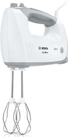 Bosch Hand Mixer MFQ36460, Hand Mixer, Mixing Bowl Plus Stand, 2 Beaters, 2 Stainless Steel Dough Hooks, 450 W, White