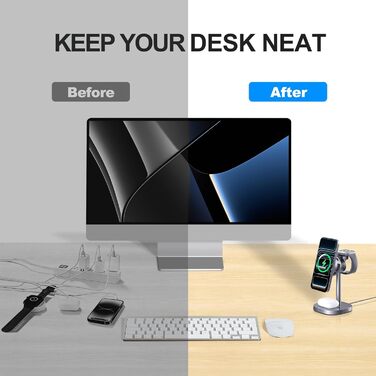 MOGU Бездротова зарядна станція 3-в-1 з магнітною фіксацією та охолодженням TEC, 15W, сумісна з MagSafe iPhone 12-17, Samsung S24-S26, Apple Watch, AirPods + адаптер 45W