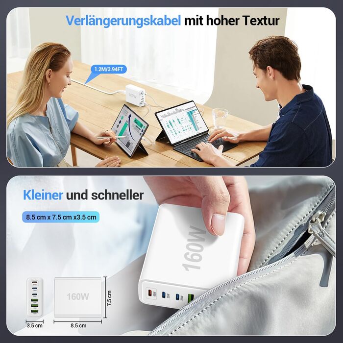 Зарядний пристрій USB 160W, 6 портів (USB-C, USB-A) - Швидка зарядка для ноутбука, смартфонів, iPad, навушників - Білий