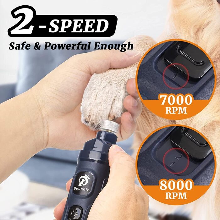 Шліфувальник для собак Bousnic Krallenschleifer з 2 LED-ліхтариками - тихий, потужний електричний триммер для догляду за кігтями собак та котів (Navy)