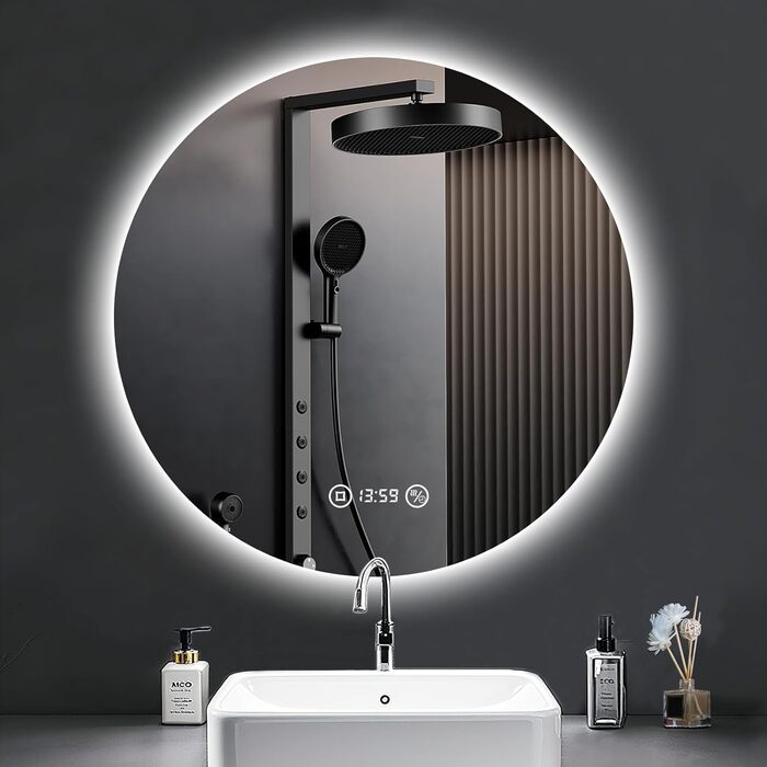 Дзеркало для ванної кімнати з підсвічуванням 70 см, LED дзеркало для ванної з підсвічуванням, 3 кольори світла, антизапар, регульована яскравість, сенсорне керування, функція пам'яті, кругле, водонепроникність IP44, 60x60 см