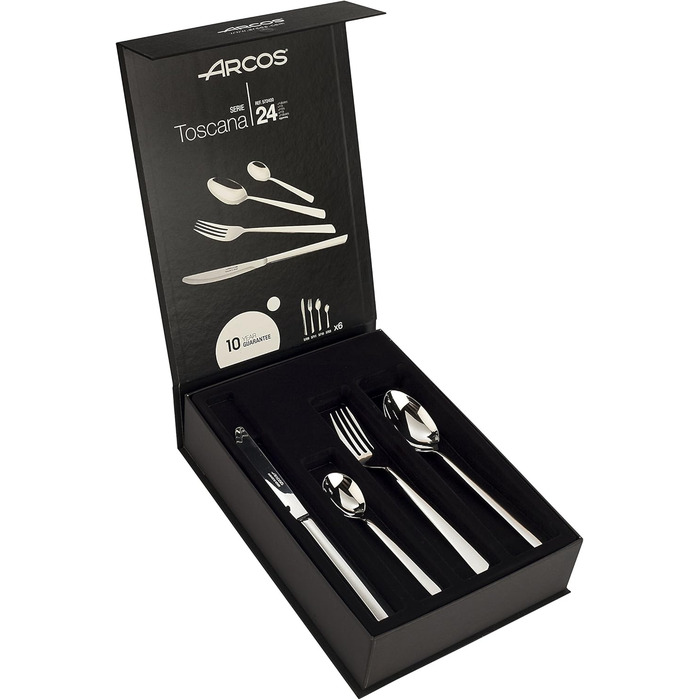 Arcos 572400 Tuscany Series - Gift Box Cutlery Set 24 Pieces (6 Knives + 12 Spoons + 6 Forks) - Monoblock Made from a Single Piece of Stainless Steel, Silver, Silver