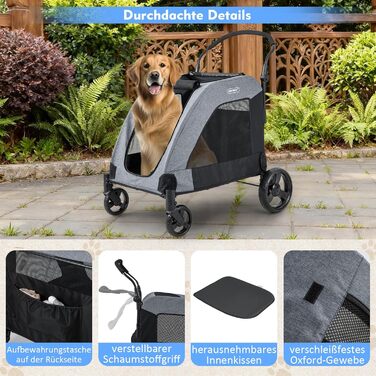 GOPLUS Складаний візок для собак, переносний для домашніх тварин на 4 колесах з кишенькою, сітковими віконцями та регульованою ручкою, візок для собак, розкладний, 60 кг, 67 x 98 x 88 см