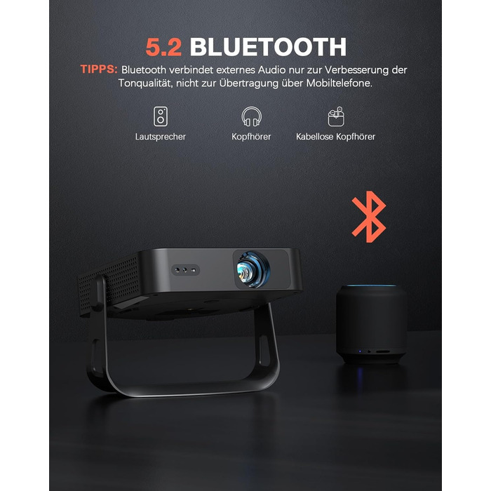 Проектор VOPLLS Mini Beamer 1080P Full HD 4K з автофокусом, корекцією трапецеїдальних спотворень, WiFi6, Bluetooth, 23000 люмен, 360° обертання, для домашнього кінотеатру та мобільних пристроїв