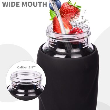 1 liter / 1l Drinking Bottle Glass with Straw, BPA-Free Glass Bottle with Silicone Sleeve, Borosilicate Glass Water Bottle (Deep Black)
