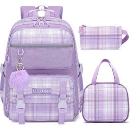 Рюкзак KEBEIXUAN для дівчаток, шкільна сумка 1-5 клас, дихаючий рюкзак з помпоном, фіолетовий + ланч-бокс + пенал