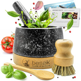 Гранітний млинок для спецій з товкачем, щіткою, рецептами та дерев'яною підставкою - 350 мл