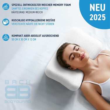 BACK BODYGUARD - The Softer Neck Pillow, Ergonomic Head Pillow with 2 Covers, Orthopedic Pillow - Firmness level: medium - soft (50 X 30 X 12 cm)
