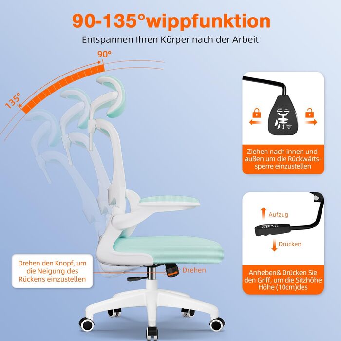 Ергономічне крісло для офісу з регульованою підголівником, поперековою підтримкою та відкидними підлокітниками, крісло для начальника, 150 кг, функція гойдання до 135° (Блакитно-зелений, Модель 2)