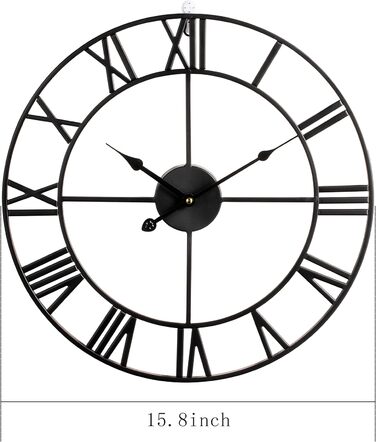 HAITANG Large Vintage Style Wall Clock, Black Round, Metal Silent Non-Ticking, Battery Powered, 40cm, 16 Inch Roman Numerals, Clocks for Living Room, Bedroom, Kitchen Wall Clock Decoration
