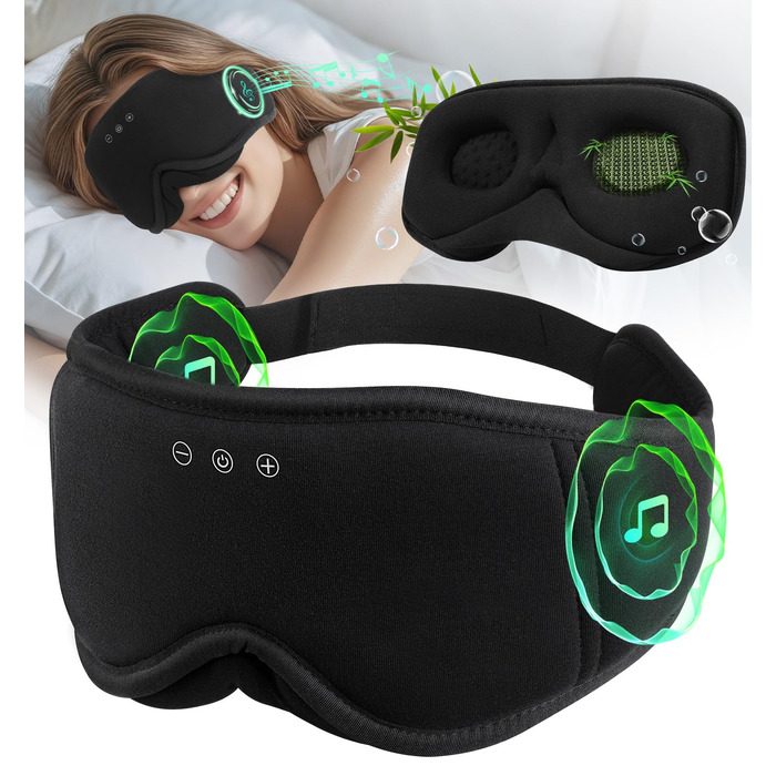 Маска для сну Dolida з Bluetooth навушниками, 3D бамбукова маска для очей, чорна. Комфортний сон для жінок та чоловіків.