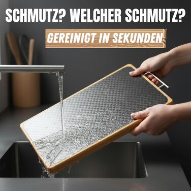 Двостороння обробна дошка з нержавіючої сталі та бамбуку | Кухонна дошка з жолобком для соку та металевим руків'ям | Антибактеріальна дерев'яна дошка для кухні | Велика дошка з бамбуку | Розділочна дошка 40x30x2 см