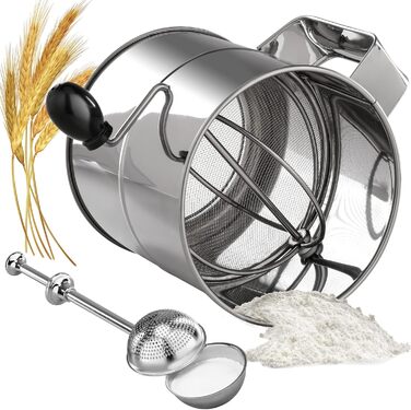 Flour Sifter - 5 Cup Fine Mesh Hand Crank Sifter Stainless Steel with Whisk Wire Loop for Baking, Powdered Sugar Dusting Set