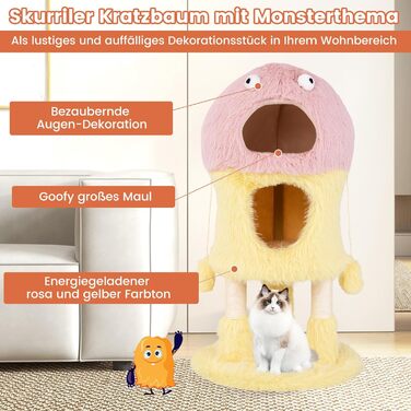 Дерев'яний кігтеточки для котів Costway з будиночками, 93 см, рожево-жовтий, з м'ячем