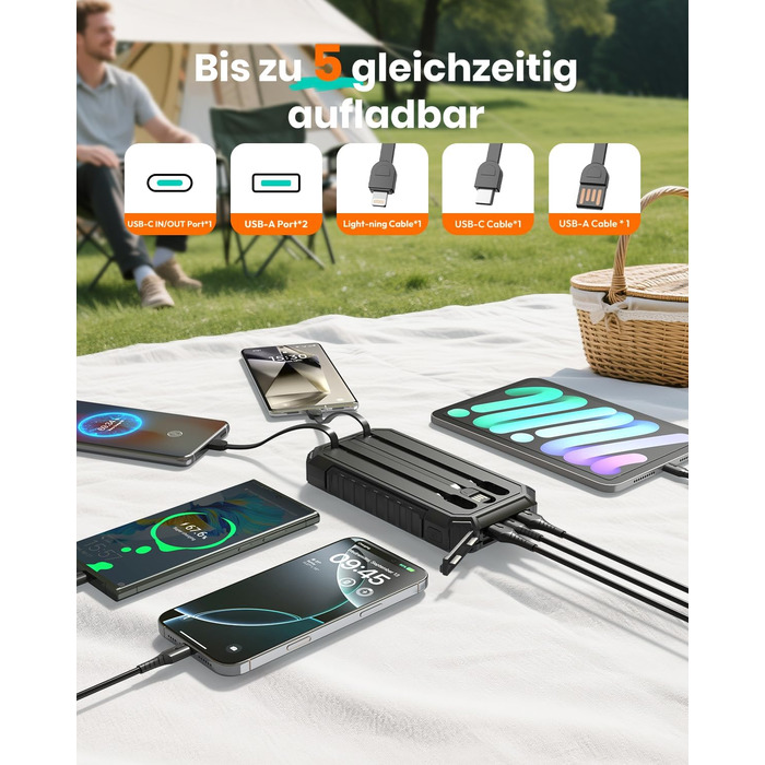 Сонячний павербанк 27000mAh, 15W, з LED-ліхтариком, 5 виходів, для iPhone та Android, чорний