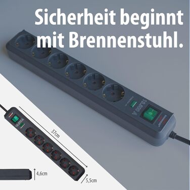 Многорозеткова мережева панель Brennenstuhl 6-фазна з захистом від перенапруги та 1,5м кабелем (Eco-Line з вимикачем та підвищеним захистом від дотику), антрацит