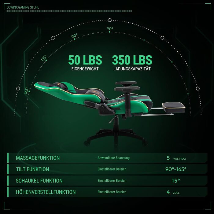 Ігровий крісло Dowinx з підлокітниками 4D та підніжкою - ергономічний геймерський стілець, 150 кг (зелений)
