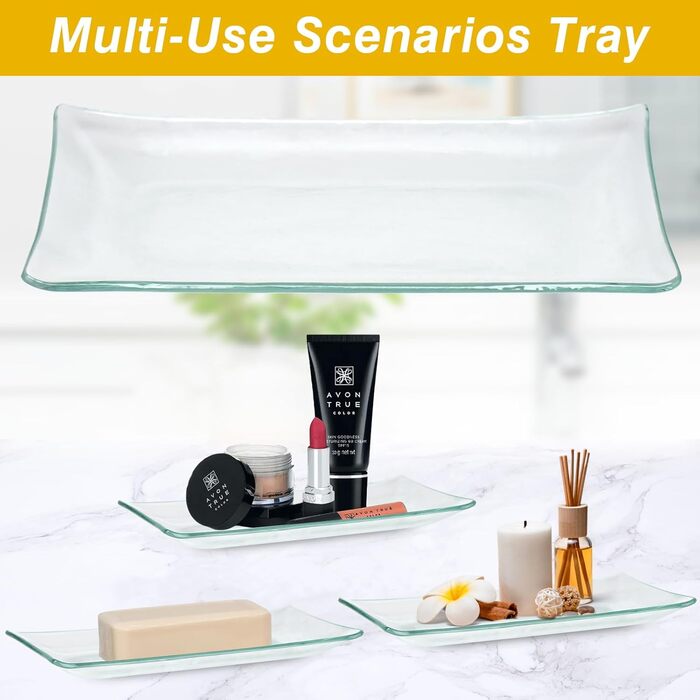 Haturi Bathroom Accessory Set, 4-Piece, Glass Bathroom Accessory Set, Complete with Lotion Soap Dispenser, Toothbrush Holder, Apothecary Jar, Vanity Tray, Bathroom Decor, Gift for (Transparent)