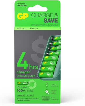 Зарядний пристрій для акумуляторів GP Charge&Save AA AAA з USB-C, 4 слоти, швидка зарядка, LED-індикатор, компактний дизайн