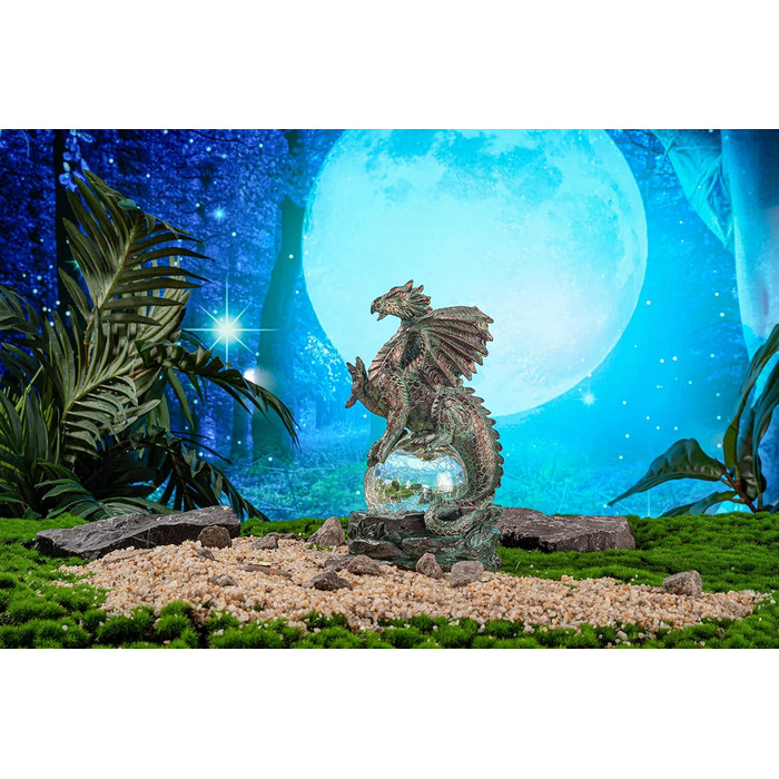TERESA'S COLLECTIONS 22cm Garden Dragon Figurine with Solar Light, Garden Statue Solar Glass Balls Lighting Waterproof Bronze Resin Garden Figures for Outdoors, Lawn Gifts for Women