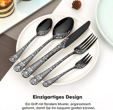 Black Cutlery Set for 6 People, HONKKU 36-Piece Stainless Steel Cutlery Set with Steak Knives, Eating Utensil Set Mirror Polished with Floral Patterns, Fork Spoon Knife Set Dishwasher Safe