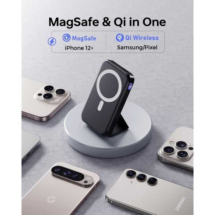 Powerbank MagSafe 10000mAh з PD 22.5W, бездротова зарядка, USB-C, LED-дисплей, чорний