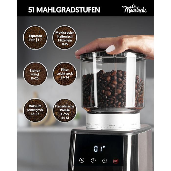 Електрична кавомолка та подрібнювач спецій La Moustache GrindMaster Silver BD-CG018, 165W, нержавіюча сталь, 350г