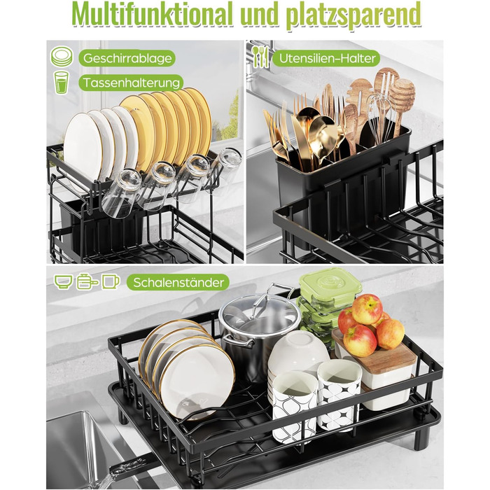 LIONONLY Dish Drying Rack, Large 2-Tier Dish Drying Rack with Drip Bowl, Stainless Steel Dish Drying Rack with Utensil Holder, Beverage Holder, and Swivel Spout, Dish Drying Stand Kitchen