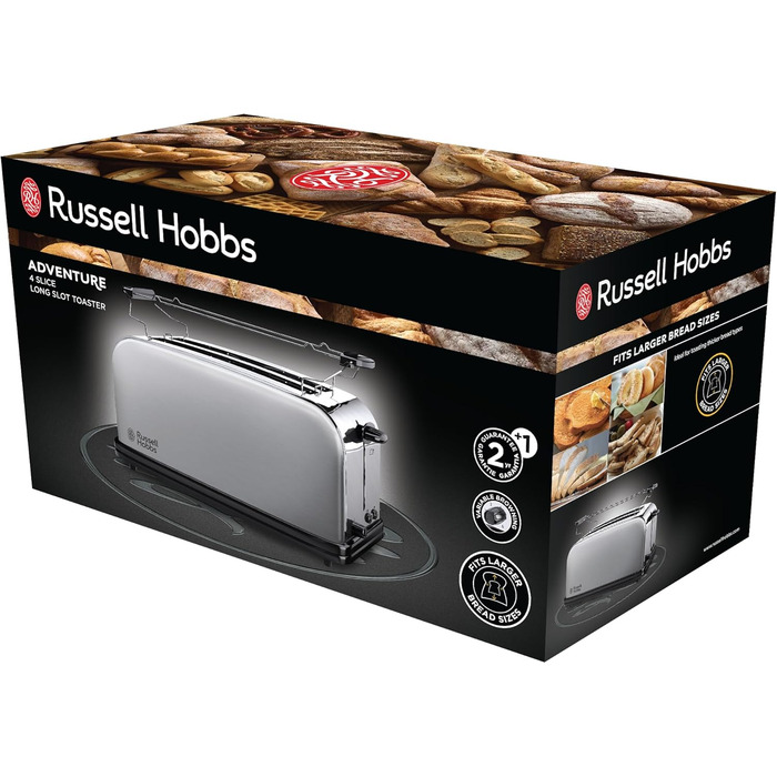 Russell Hobbs Toaster [2-Slice Long Slot for 4 Slices / 2 Wide Slices] Adventure Stainless Steel (extra wide toast slots, incl. bagel attachment, 6 browning levels + defrost function) 23610-56
