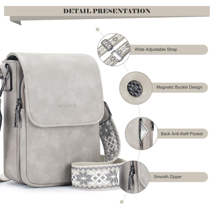 Сумка-органайзер на шию MUIIKOLA з RFID-захистом для смартфонів, веганська шкіра, сіро-бежевий колір