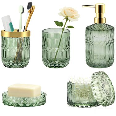 Набір аксесуарів для ванної кімнати скляний 5 предметів Lotionspender, мильниця, тримач для зубних щіток, стакан, декор (Зелений)