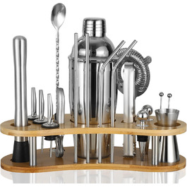 Набір для коктейлів 12 шт. з нержавіючої сталі 750 мл з підставкою з бамбука та книгою рецептів, набір шейкерів для коктейлів, подарунок для чоловіків та жінок (домашній бар, вечірка, весілля), сріблястий