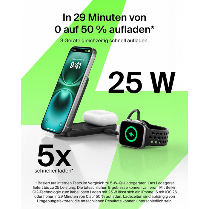 Belkin UltraCharge Qi 2.2 Зарядна станція 2-в-1 25W MagSafe сумісна, бездротова зарядка для iPhone 17, iPhone Air, AirPods, Pixel – Чорний