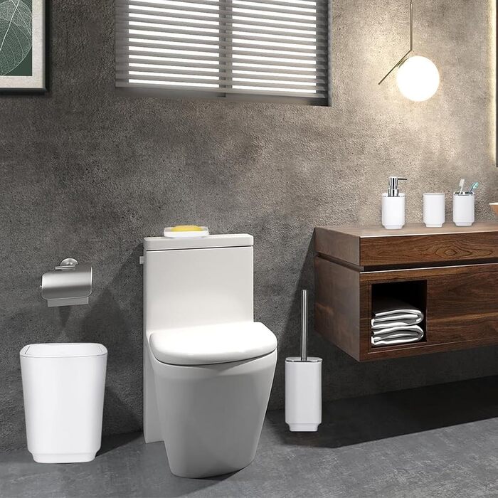 Сучасний 6-частинний набір для ванної кімнати білого кольору з дозатором для мила, тримачем для зубних щіток, мильницею, щіткою для унітазу, сміттєвим відром та склянкою з пластику та металу, білий