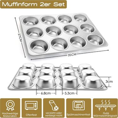 Joyfair Muffin Tin 2-Piece Set, Stainless Steel Muffin Sheet for 12 Muffins, Muffin Baking Pans 35 x 27cm, Muffin Baking Pan for Cupcakes, Brownies, Pudding, Cake, Non-Toxic & Healthy, Oven & Dishwasher Safe