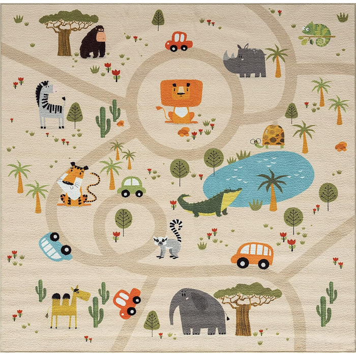 Дитячий килим Happy Life: ігровий килимок з малюнком дороги, джунглі, тварини та машинки, антиковзкий, бежевий 80x150 см