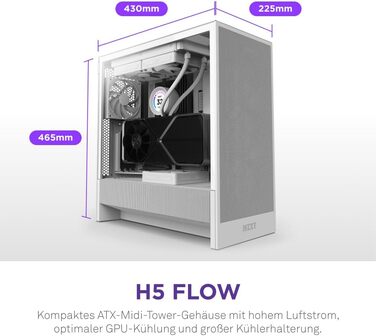 NZXT H5 Flow - Компактний корпус для ПК ATX Mid-Tower для геймінгу - Покращений повітряний потік - 2 x 120mm вентилятори, підтримка радіаторів 360mm (передній) та 240mm (верхній), система кабель-менеджменту, загартоване скло (Flow 2024, білий)