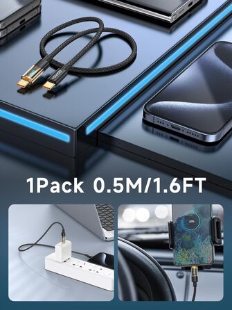 Кабель USB-C RAVIAD: Швидка зарядка PD3.1, нейлон, 0.5м, 240W, чорний. Сумісний з iPhone, Galaxy, Pixel, iPad, MacBookAir