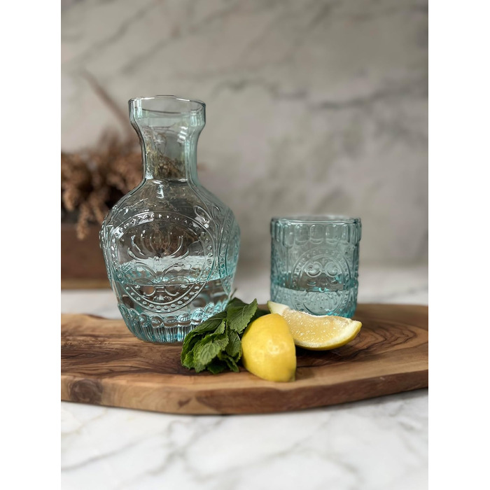 Curator Home Vintage Nightstand Water Carafe and Glass Set - 750 ml Capacity - Elegant Glass Jug for Water, Juice, or Wine - Stylish Home Decor for Kitchen or Dining Room (Light Blue)