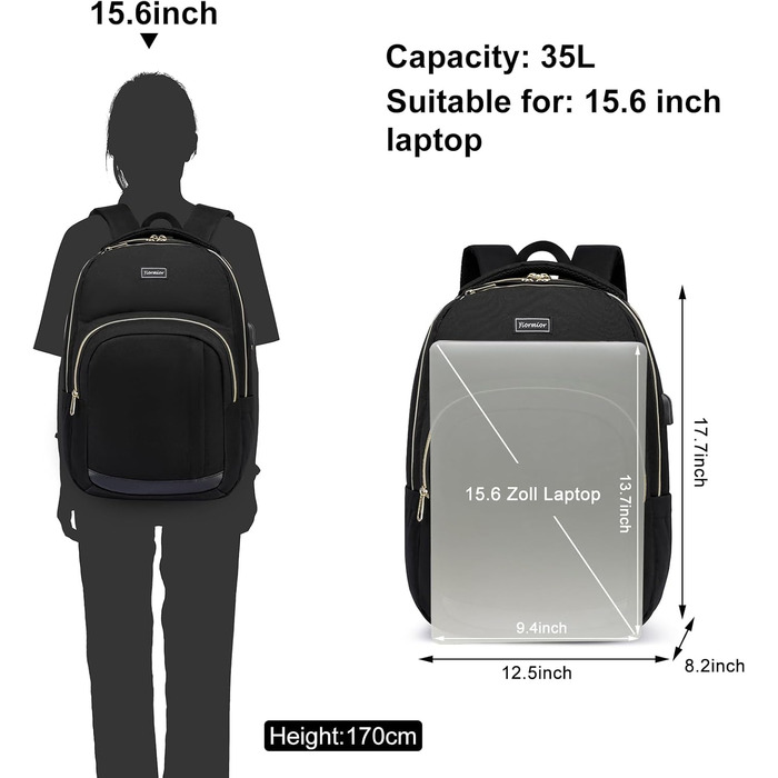 Рюкзак шкільний YIORMIOR для підлітків, чоловіків та жінок, 35L, USB-порт для зарядки, 15.6 дюймів, чорно-золотий