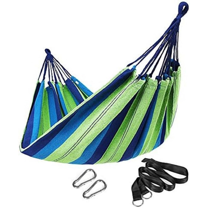 Гамак SONGMICS для 3-х осіб 210x150 см, смуги зелено-блакитні, вантажопідйомність 300 кг, для кемпінгу, туризму, саду, сертифікат TÜV Rheinland