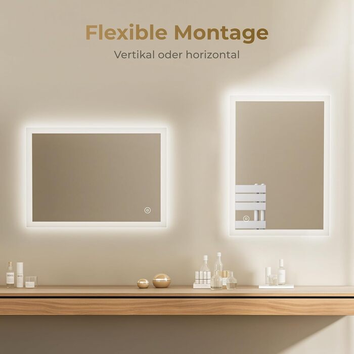 Дзеркало для ванної кімнати з підсвічуванням LED 80x60 см, регульоване, 3 кольори світла (3000K/4000K/6500K), антизапарник, вертикальна/горизонтальна установка, без збільшення 3x