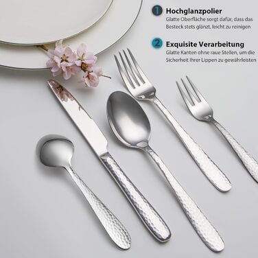 Набір столових приборів EIUBUIE з нержавіючої сталі 20 предметів, молоткова обробка, для 6 осіб, полірований, для дому та вечірок, можна мити в посудомийній машині