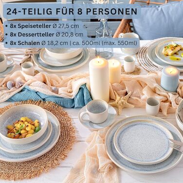 SÄNGER | Santorini Tableware Set, 24-Piece, Dinnerware Set for 8 People, Stoneware Dinner Set, Tableware Service including Dinner Plates, Dessert Plates & Deep Plates, Cream-Colored Dishware with Lavender Blue Gradient, Santorini Tableware Set 24-Piece.