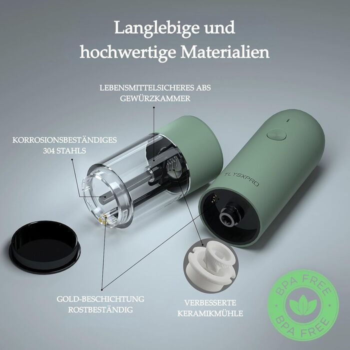 Електрична мельниця для солі та перцю, USB-зарядка, автоматична, регулювання помелу, LED-підсвітка, наповнювана, кухонний аксесуар (1 шт, салатовий)