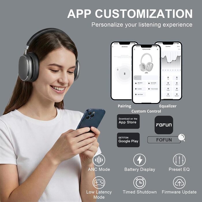 Навушники бездротові Bluetooth 6.0 NC95 з активним шумозаглушенням, регульованим колесом, 120+ годин роботи, персоналізація EQ через додаток, сірий