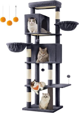 Дім для кота Feandrea, 175 см, XL, багатоярусний, з 2 печерами, 2 лежаками, 5 стовпчиками для дряпання, щіткою для котів, великою платформою, PCT182G01 (XXL, 59 x 48 x 190,7 см, темно-сірий)