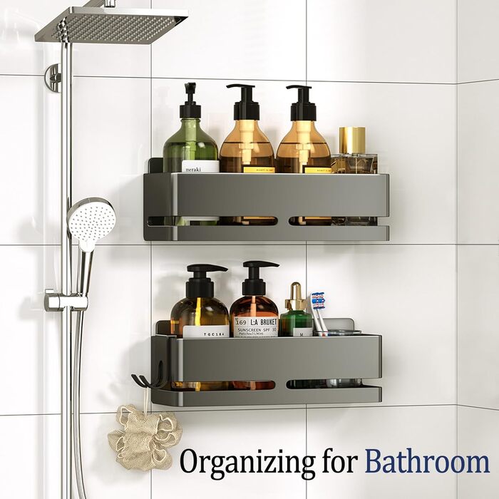 Настінна полиця для ванної кімнати (5 шт. в наборі) з мильницею та тримачем для зубних щіток, без свердління, для ванної та кухні (сірий) (сірий - 2 яруси)