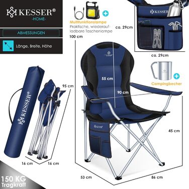 Крісло для кемпінгу KESSER® розкладне, до 150 кг, для риболовлі, з підлокітниками, високою спинкою, пляшкотримачем, світлом, сумкою та стаканчиком, хакі (темно-синій/чорний)