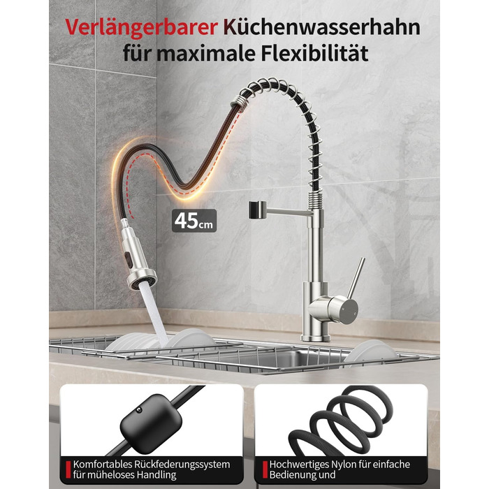 Кухонний змішувач Rainsworth з нержавіючої сталі з двома режимами струменя та висувною лійкою, 360° обертання, висота 45 см